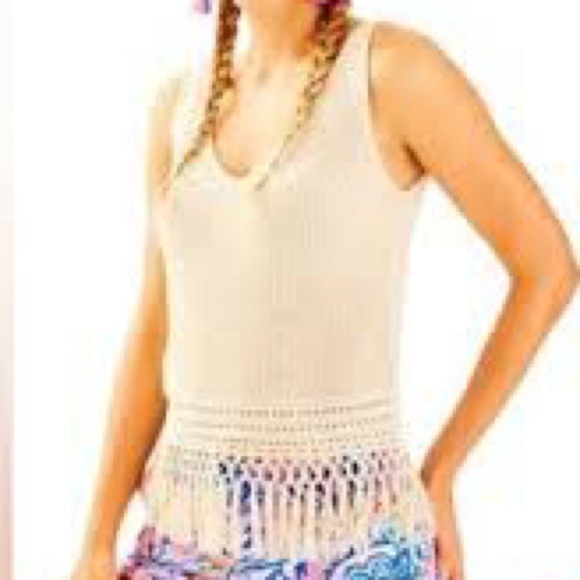 Lilly Pulitzer Dulce Knit Fringed Hem Tank Top in Heathered Sand Dune - Medium - Picture 1 of 7